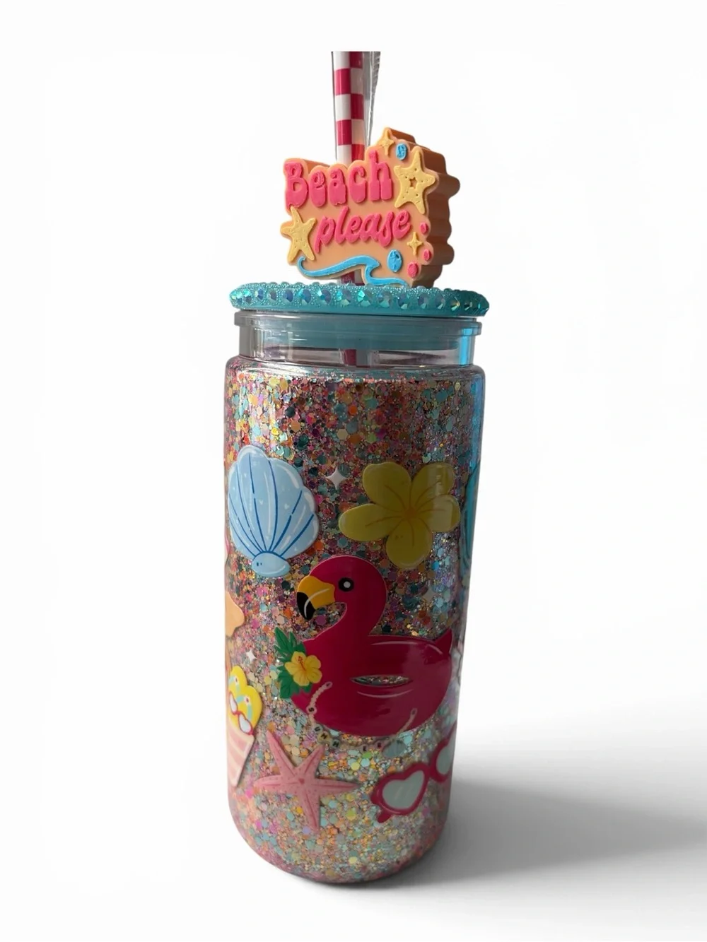 Beach Please 20 oz Dry Glitter Tumbler w/ Jeweled Lid & Topper